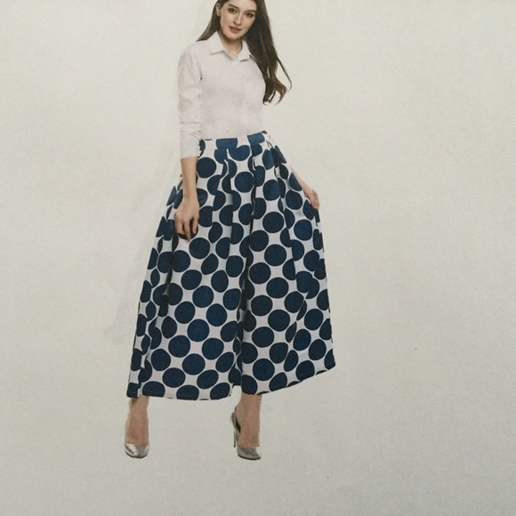Meaneor- Blue & White Polka-Dot Maxi Skirt - Picture 4 of 6